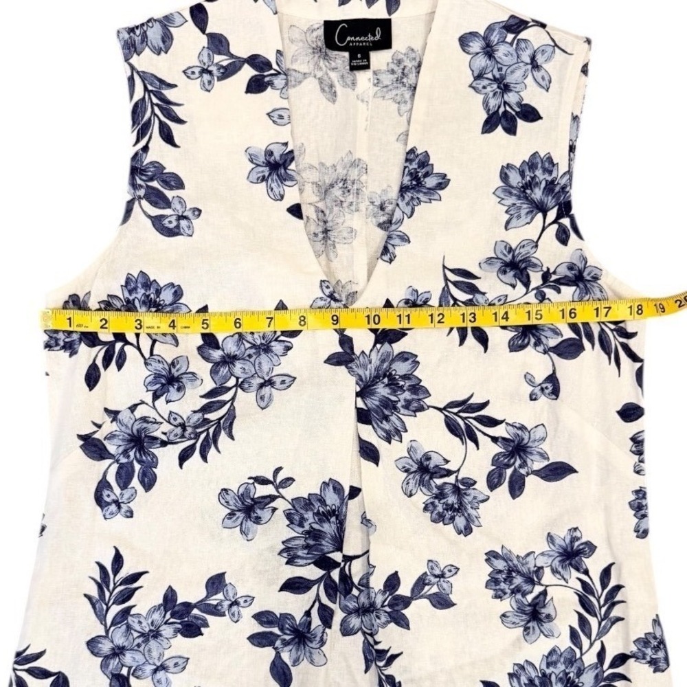 Connected Apparel Floral V Neck Linen Blend Midi Dress‎ Size 6 White Blue - Picture 7 of 9